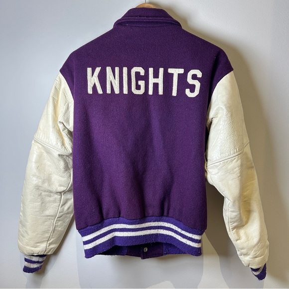 Vintage Purple Wool and White Leather “Knights” Varsity Jacket 1986 Size 42 - Picture 2 of 8